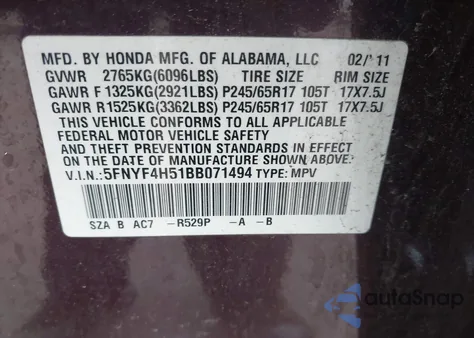 2011 Honda Pilot Exl from USA, damaged, VIN 5FNYF4H51BB071494